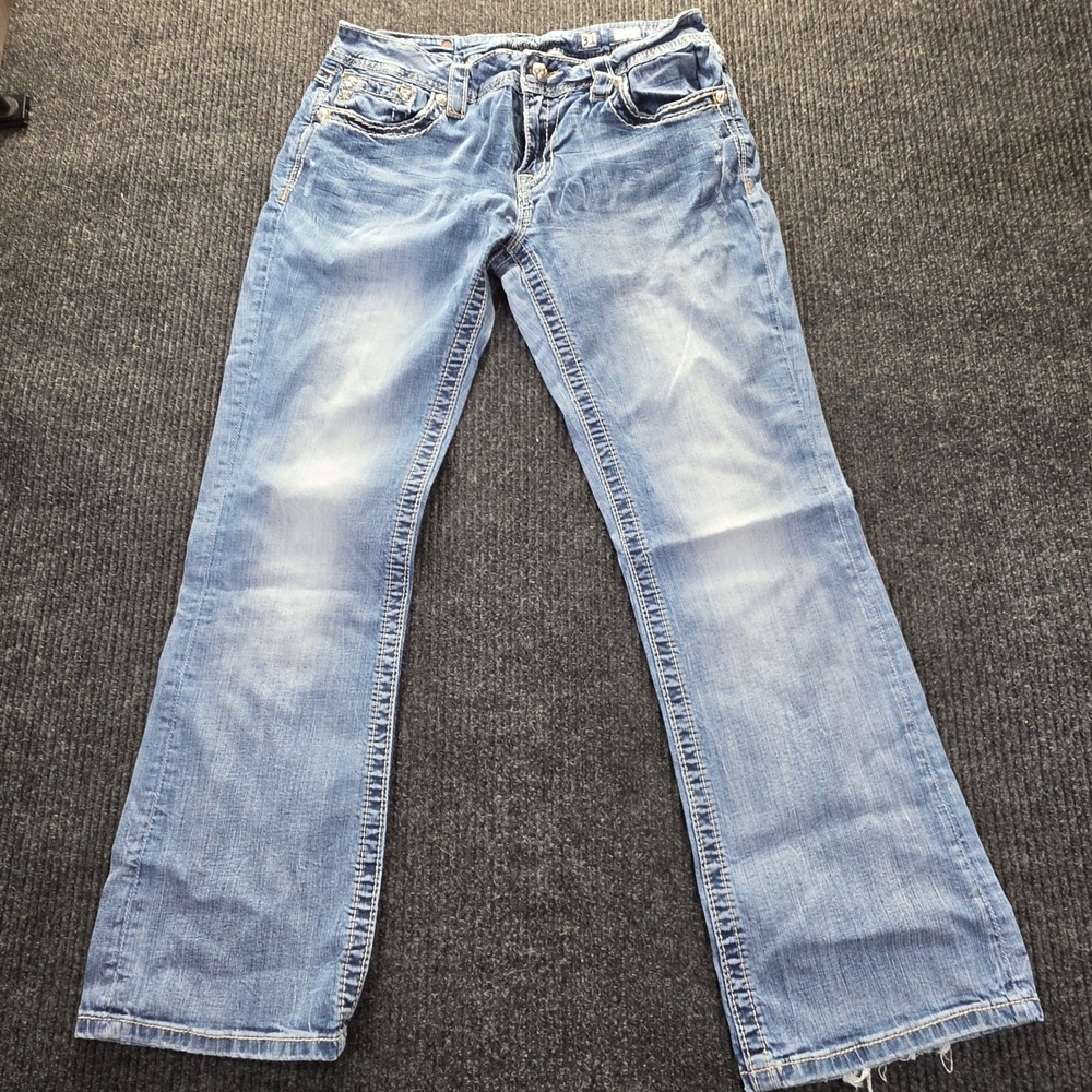 Miss Me Bootcut Jeans Womens 31 Blue Good Fleur De Lis Embroidered Studded Y2K - Picture 3 of 16